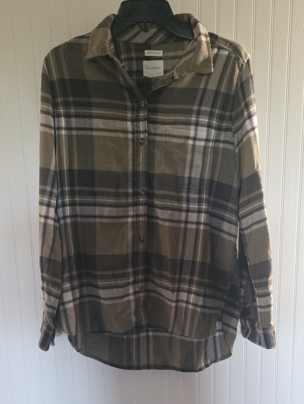 American Eagle Olive & Black Plaid Boyfriend Shirt Small
